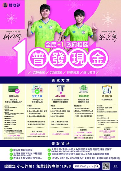 「全民+1政府相挺」普發現金專案海報